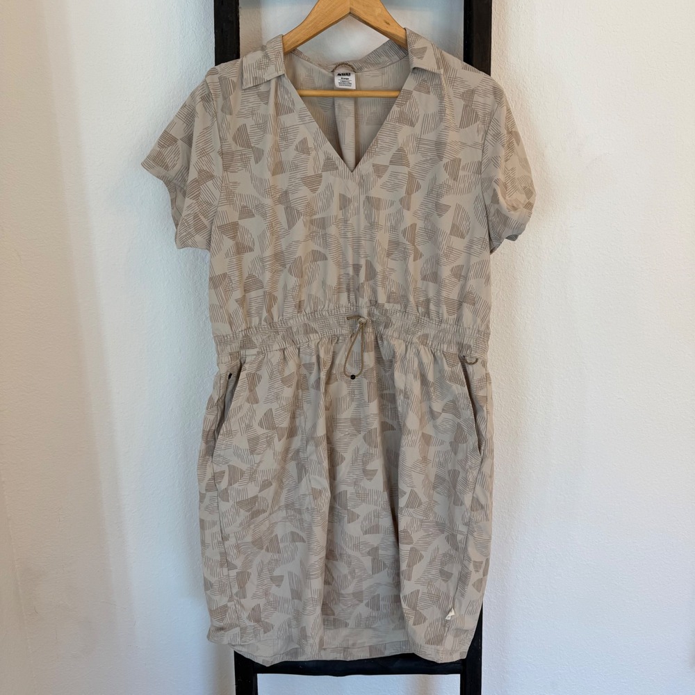 REI Co Op Womens XL Large Beige Geometric Print Short Sleeve‎ Drawstring Dress